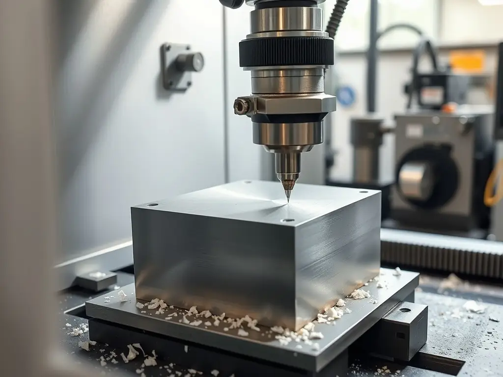 An image of a CNC machine precisely cutting and shaping a custom aluminum component in a modern fabrication facility.