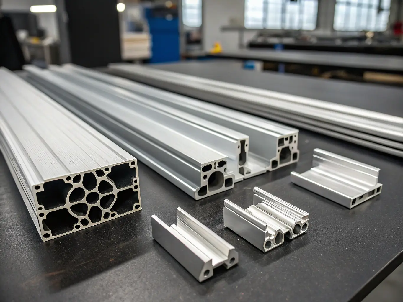 A close-up image of various aluminum extrusion profiles, showcasing their different shapes and sizes, arranged neatly on a metal surface.